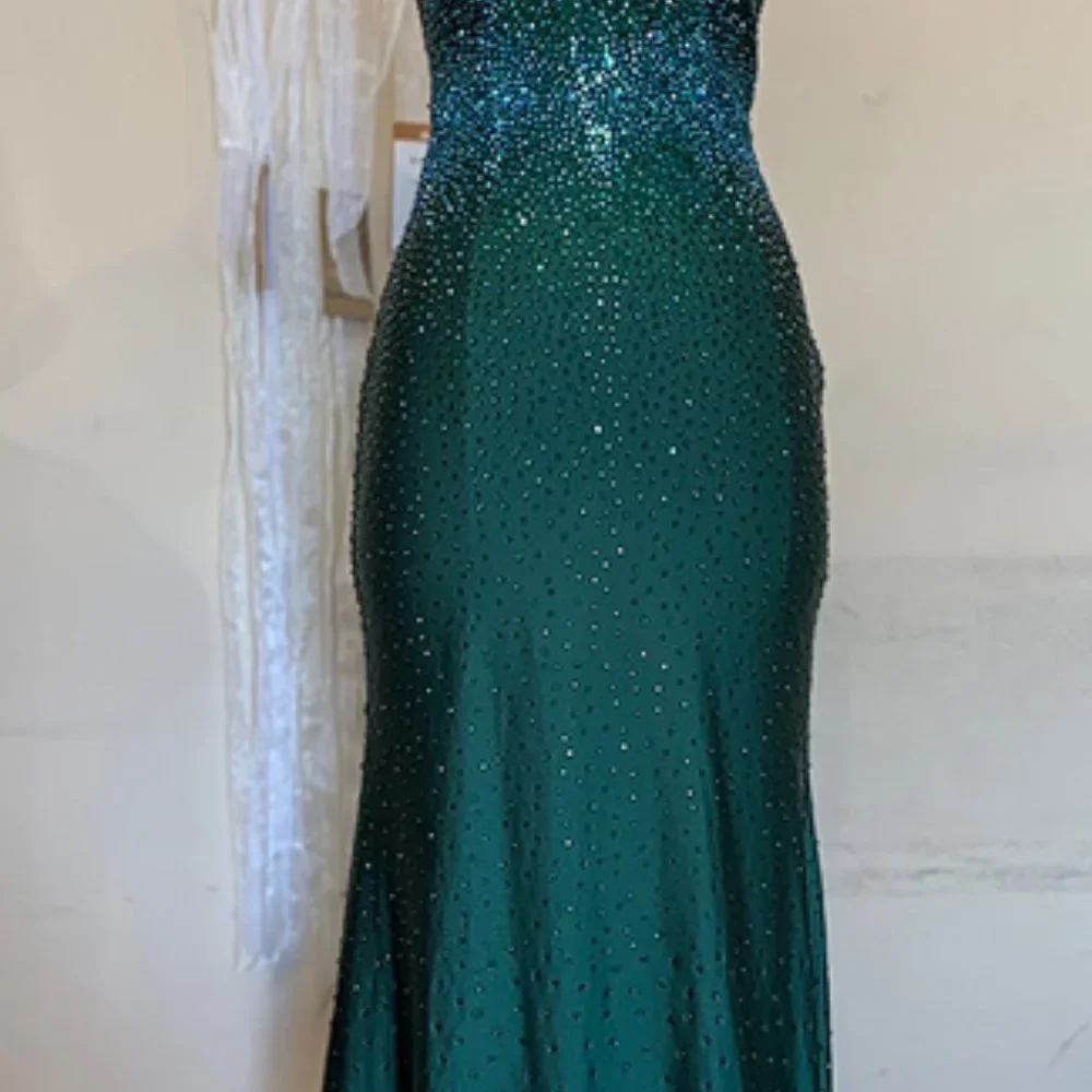 EMERALD GREEN OPEN BACK BEADED SLEEVELESS PROM PARTY SHEATH LONG GOWN ac390_7